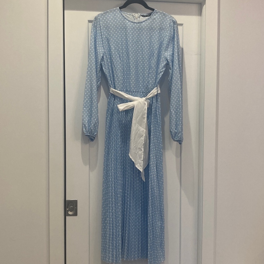 SHEIN Light Blue Polka Dot Long-Sleeve Maxi Dress with White Waist Tie